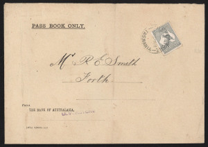 Kangaroos - Third Watermark : 2d Grey Die I (corner defect) used to pay Commercial Papers double-rate on 1918 Bank of Australasia 'PASS BOOK ONLY' envelope (142x203mm), stamp tied by ULVERSTONE (Tas) datestamp, cover with central fold.