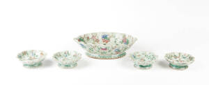 A Chinese enameled celadon lily form bowl, 28cm diameter and four matching small pedestal bowls 27cm diameter