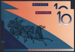 Decimal B/notes:Ten Dollars : 1997 $10 MacFarlane/Evans uncut block of 4 banknotes with red serial numbers or with blue serial numbers, in NPA folders, the latter released at the 1997 Sydney Coin, Note and Stamp Show; Renniks: U21c/U21d - Cat. $365. (2)