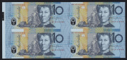 Decimal B/notes:Ten Dollars : 1997 $10 MacFarlane/Evans uncut block of 4 banknotes with red serial numbers or with blue serial numbers, in NPA folders, the latter released at the 1997 Sydney Coin, Note and Stamp Show; Renniks: U21c/U21d - Cat. $365. (2) - 2