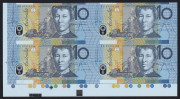 Decimal B/notes:Ten Dollars : 1997 $10 MacFarlane/Evans uncut block of 4 banknotes with red serial numbers or with blue serial numbers, in NPA folders, the latter released at the 1997 Sydney Coin, Note and Stamp Show; Renniks: U21c/U21d - Cat. $365. (2) - 3