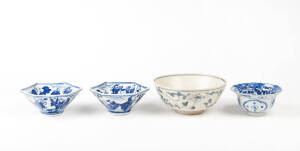 Chinese blue and white porcelain items, comprising a Ming style floral meander&nbsp;bowl 15cm diameter and two hexagonal boys bowls 10cm wide and a&nbsp;small Kraak blue and white barbed porcelain bowl&nbsp;10cm diameter. (4 items)