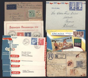 REST OF THE WORLD - General & Miscellaneous Lots : Balance of a worldwide accumulation with several "schoolboy" collections with modest pickings, Australia sheet of 100 22c Waltzing Matilda MUH, world mixture in cigar box, covers including New Guinea 1947 (Jan.16) "Bird of Paradise Service" registered inaugural flight cover to Australia, accessories including small u/v lamp, "philatector" (watermark detector), Hawid strips & stamp press. Plenty to view