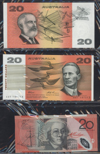 BANKNOTES - World : AUSTRALIA & WORLD SELECTION: with Australia decimal notes with $20 (3) incl Fraser/Evans aUnc (2), $10 (7) incl 1991 Fraser/Cole EF and 1988 Bicentenary (4) aUnc, plus $5 (6); mostly circulated world banknotes incl. German notgeld curr