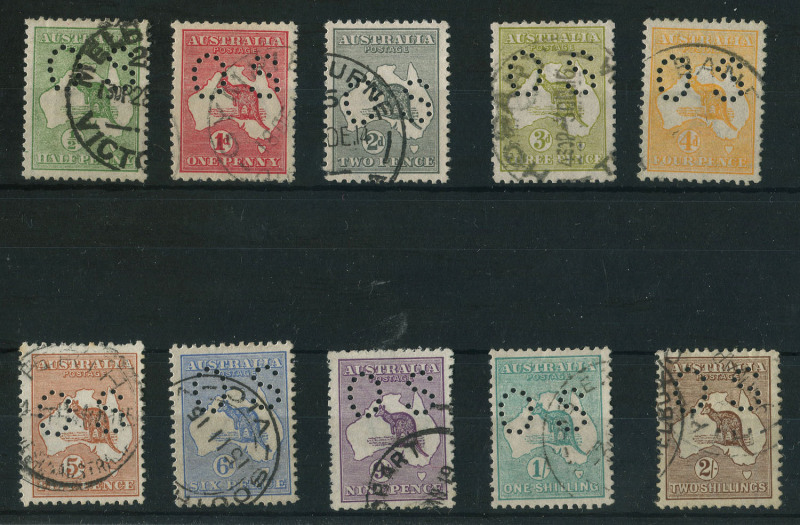 Kangaroos - First Watermark : ½d to 2/- (ex 2½d) perforated Small 'OS', 3d minor crease, few nibbed perfs, cds cancels, Cat. $1100+. (10)