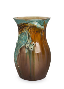 REMUED pottery vase with applied gumnuts, leaf and branch, rare turquoise glaze on brown, incised "Remued 326/9M", 23cm high