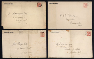 QUEENSLAND - Postal Stationery : ENVELOPES - PTPO - MOUNT MORGAN GOLD MINING Co: (H&G #2a & 4) 1897-1901 uses of 'Printed Matter Only' 1d Envelopes (143x220mm) with 1896 Rockhampton local use of No Corner Figures in pink, Four Corner Figures (3, shades), used from Rockhampton comprising 1898 to Brisbane, 1901 (?) to London & 1904 to Germany; 'Limited' (2) or 'Rockhampton' (2) type company logos on flaps; condition as is usual for these. (4)