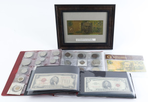 Coins - World: World mishmash of circulated coins in album including Chinese & Japanese cash currency, Australia pennies & half pennies (few cleaned); also circulated US banknotes incl. 1928 Series $2 & $5, 1953 Series $2 (2), 1963 Series $5; also Australia replica gold-plated $100 banknotes (2, one framed); mixed condition. (75 coins & 38 banknoted).