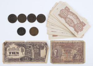 Coins - World : Australian, British & World circulated assortment in box file with Australia pennies 1911-64 range incl.1914, few halfpennies incl.1924, GB range of pennies from 1865, and halfpennies from 1891, few farthings incl. 1875-H very fine, plus 1812 British Naval halfpenny token; other emissions from China, New Zealand, USA , etc, plus banknotes including WWII Japanese Occupation currency in mixed condition; condition quite variable.