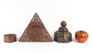 A Tibetan silver vessel cover 20cm high, a Tibetan jewelled copper triangular dish 28cm wide and a Tibetan jewelled copper box and cover and a Tibetan jewelled wooden box and cover 12.5cm diameter