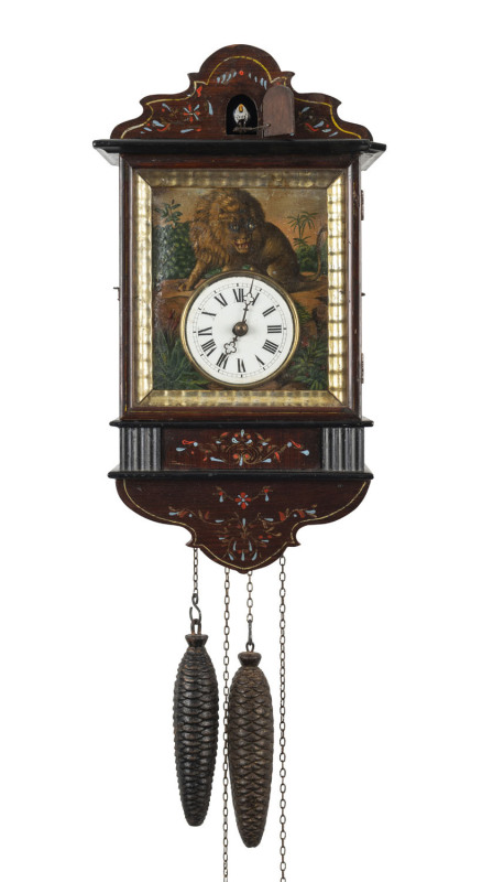 PHILIPP HAAS Black Forest blinker cuckoo wall clock, twin weight time and strike with oil painted zinc dial surround, lions eyes move with the pendulum beat, circa 1880. Suspension bridge in the form of a running rabbit, a Haas trademark. 45cm high PROVEN