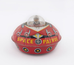 SPACE PATROL tinplate wind-up spaceship by Takatou, Japan; circa 1960s. Width: 12cm (4.75").