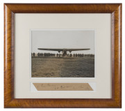 SOUTHERN CROSS: An original albumen photograph of "The Southern Cross" about to depart from California (22x29cm) mounted, framed & glazed together with a card with the hand-written dedication "To: Billy Beausang, With Best wishes, From "Chas" C.T.P. Ulm, - 2
