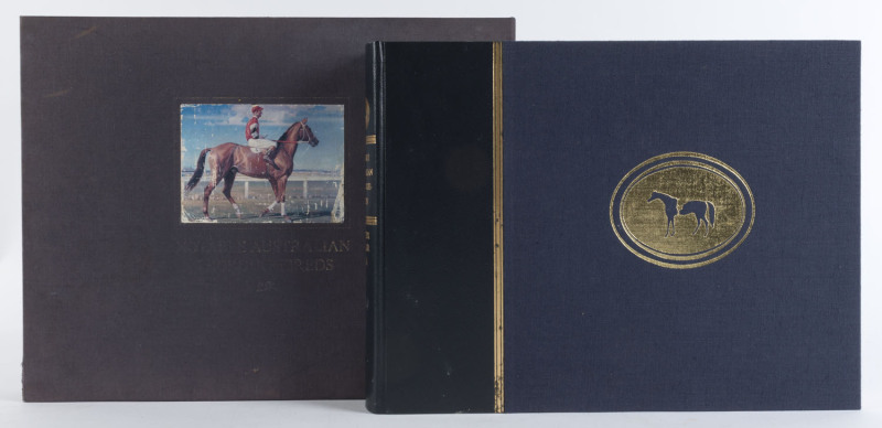 "Notable Australian Thoroughbreds" by Mountier, Mary., Clark, Barrie, Douglas M., Clark, Graeme [Alister Taylor, New Zealand, 1981] Limited Edition #116/3,500 copies; navy blue fabric cover, and navy blue leather spine and spine folds. Gold gilt titles an