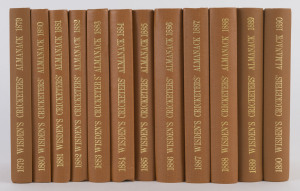 1879-1890 run of Willow "Tan" Wisden Reprints,1879 from a limited edition of 1000, 1880-84 & 1886-90 all from a limited edition of 500, 1885 edition unnumbered. (12)