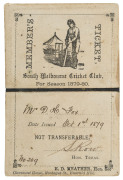 SOUTH MELBOURNE CRICKET CLUB: 1879-80 Member's Season Ticket, with sepia leather cover, gold embossing front and back, and attractive vignette of a batsman at the wicket. Numbered "No.209" in manuscript for "Mr. D.H. Fox" and signed by "S.Row" the Hon. Se - 2