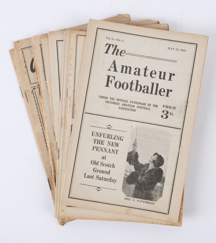 "THE AMATEUR FOOTBALLER" (Under the Official Patronage of the Victorian Amateur Football Association) [Published by C.G. MacGowan, Montague St., East St.Kilda]: 12 editions between May 1933 and August 1935. Mixed condition. The teams covered include Old S