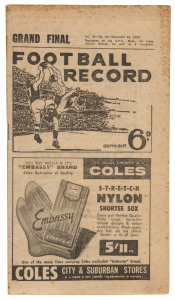 "THE FOOTBALL RECORD": Special edition for the 1959 Grand Final between Melbourne and Essendon.Melbourne 17.13 (115) defeated Essendon 11.12 (78) in front of 103,506 fans at the M.C.G.