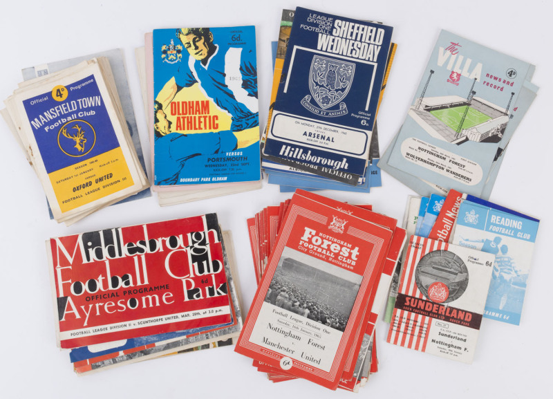 An accumulation of ENGLISH football programmes, mainly 1960s including Birmingham City, Bury, Exeter City, Leeds United, Mansfield Town, Nottingham Forest, Oldham Athletic, Reading, Sheffield Wednesday, Sunderland, Sutton Town, West Bromwich Albion, Wolve