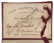 HAY JOCKEY CLUB: 1895 Membership card, red leather with gilt embossed logo and lettering; printed interior issued on a "Complimentary" basis which entitled the holder "and two ladies (or your family) to free admission to the Grand Stand....with the privil - 2