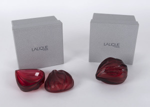 LALIQUE Crystal, two red glass jewellery boxes in original boxes, engraved "Lalique, France", 8cm across