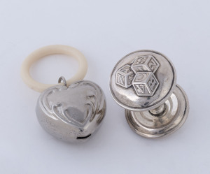 American silver baby rattle by LUNT silversmiths, circa 1930s, together with a heart shaped silver plated baby rattle, mid 20th century, (2 items), 6.5cm and 10.5cm high