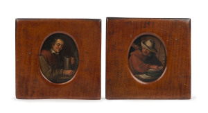 A pair of Dutch miniature portrait oil paintings on tin in fiddleback timber frames, English art labels verso, 19th century, frames 12 x 12.5cm overall