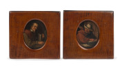 A pair of Dutch miniature portrait oil paintings on tin in fiddleback timber frames, English art labels verso, 19th century, ​frames 12 x 12.5cm overall