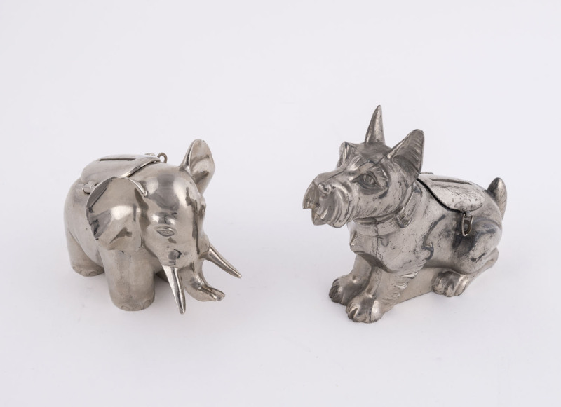 A Scottie dog money box, nickel plated cast metal, circa 1920, 11.5cm high