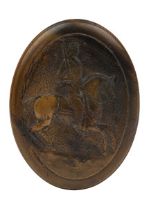 JOHN OBRISSET pressed horn oval box with portrait of Peter The Great on horseback, early 18th century, 3cm high, 8cm wide, 10cm deep PROVENANCE: Christie's, The Duchess of Westminster Eaton Hall, Sept. 21st, 2004.