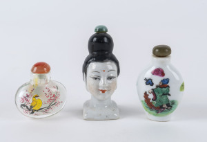 Three Chinese scent bottles, two porcelain examples, 19th century; and one glass with internal hand-painted decoration, 20th century. (3 items), the tallest 8.5cm high