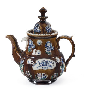 BARGE WARE English pottery teapot with applied cartouche plaque "Mrs H. Bradley, Powick, Worcester, 1886", 28cm high