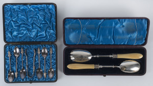 English silver plated coronation spoon and sugar tong set, plus a salad set with ivory handles, both in original plush fitted cases, early 20th century,