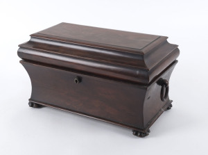 An English tea caddy, flame mahogany with original fitted interior, circa 1830, 20cm high, 35cm wide, 18.5cm deep