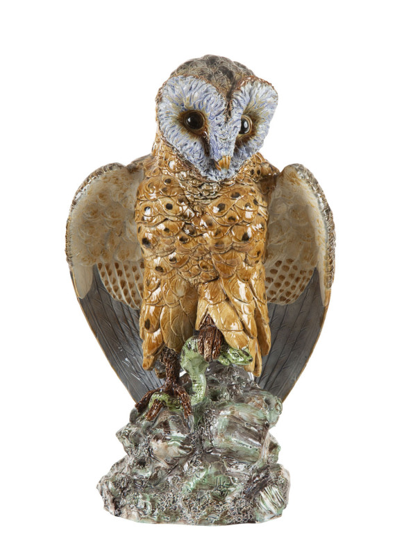 HUGO LONITZ (attributed) Prussian majolica owl statue, circa 1870s, 37cm high