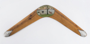 Boomerang with painted landscape river scene, MOIRA Station, near Deniliquin, N.S.W. circa 1930, 44.5cm across