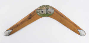 Boomerang with painted landscape river scene, MOIRA Station, near Deniliquin, N.S.W. circa 1930, ​44.5cm across