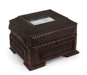 A tramp art box, cedar with mirrored top, circa 1890s, 19cm high, 30cm wide, 25cm deep