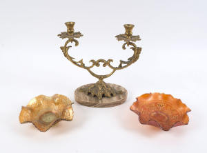 An Italian two branch candelabra, plus two carnival glass bowls, early to mid 20th century, the candelabra 27cm high
