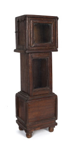 A Depression era folk art miniature grandfather clock case,cedar, pine and hardwood, circa 1890, 61cm high