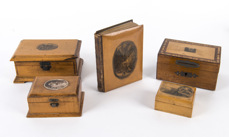 MAUCHLINE ware photo album and four assorted boxes, 19th century, (5 items), the album 13cm high