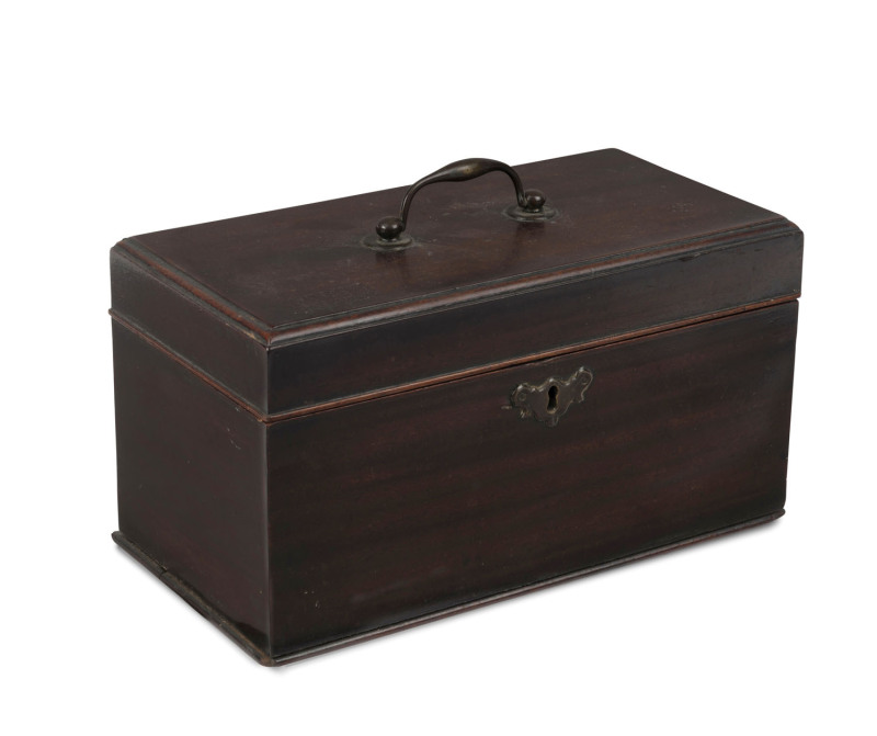 A Georgian tea caddy, mahogany and oak with brass handle and escutcheon, interior divided into three compartments, 18th century, ​13cm high, 25cm wide, 13cm deep