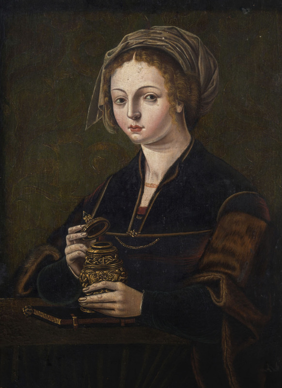 ARTIST UNKNOWN (Italian, 19th century), Renaissance style female portrait, oil painting on oak and gesso board, painted inventory number verso "No.7", Florentine gilt frame, 54 x 43cm
