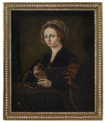 ARTIST UNKNOWN (Italian, 19th century), Renaissance style female portrait, oil painting on oak and gesso board, painted inventory number verso "No.7", Florentine gilt frame, 54 x 43cm - 2