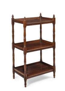 An English walnut three tier wotnot, 19th century, 96cm high, 56cm wide, 35cm deep