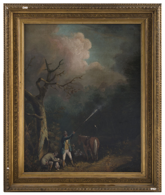 European School, circa 1830s, The Hunters and their dogs, oil on canvas, 39 x 30cm.