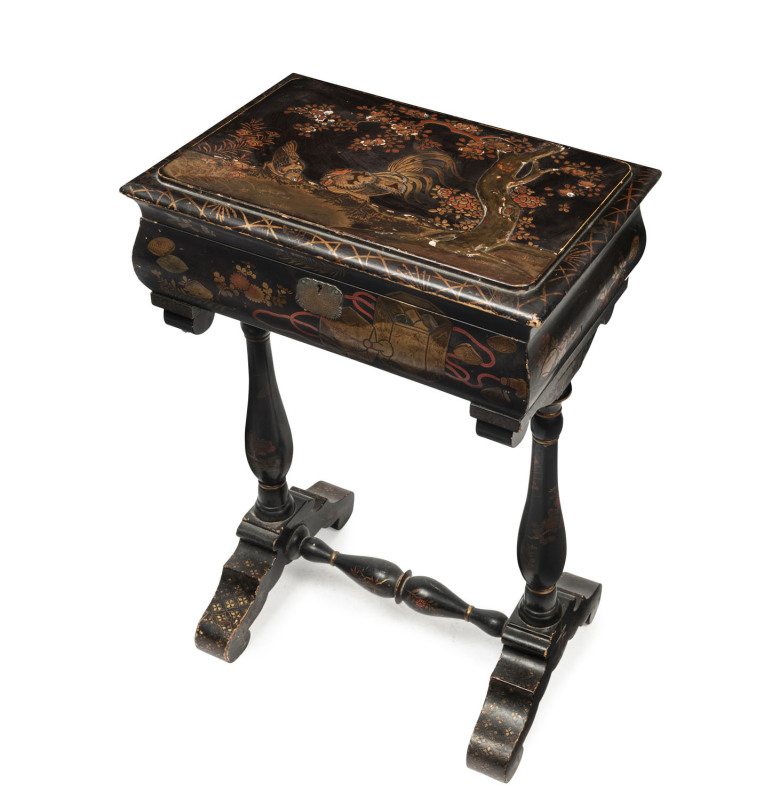 An antique English sewing table with black chinoiserie finish, 19th century, 71 cm high, 48cm wide, 33cm deep