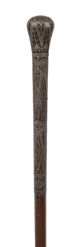 An Indo-Persian walking stick, finely inlaid with silver on timber shaft, 19th century, ​88cm high