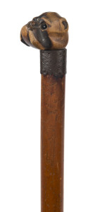 An antique English walking stick, bulldog boxwood handle with glass eyes, metal collar, Malacca cane shaft and brass ferrule, 19th century, 88cm high
