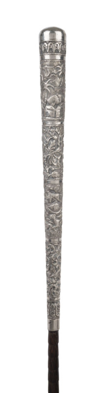 An antique walking stick with Indian silver handle, cane shaft and brass ferrule, 19th century, ​83cm high